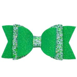 Girls Hair Bow Neon Green and White Chunky Glitter